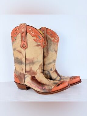 Vtg Corral Cowgirl Tuff Co Beige Pink Marbled Cowboy Western Boots Size 8 1/2 M